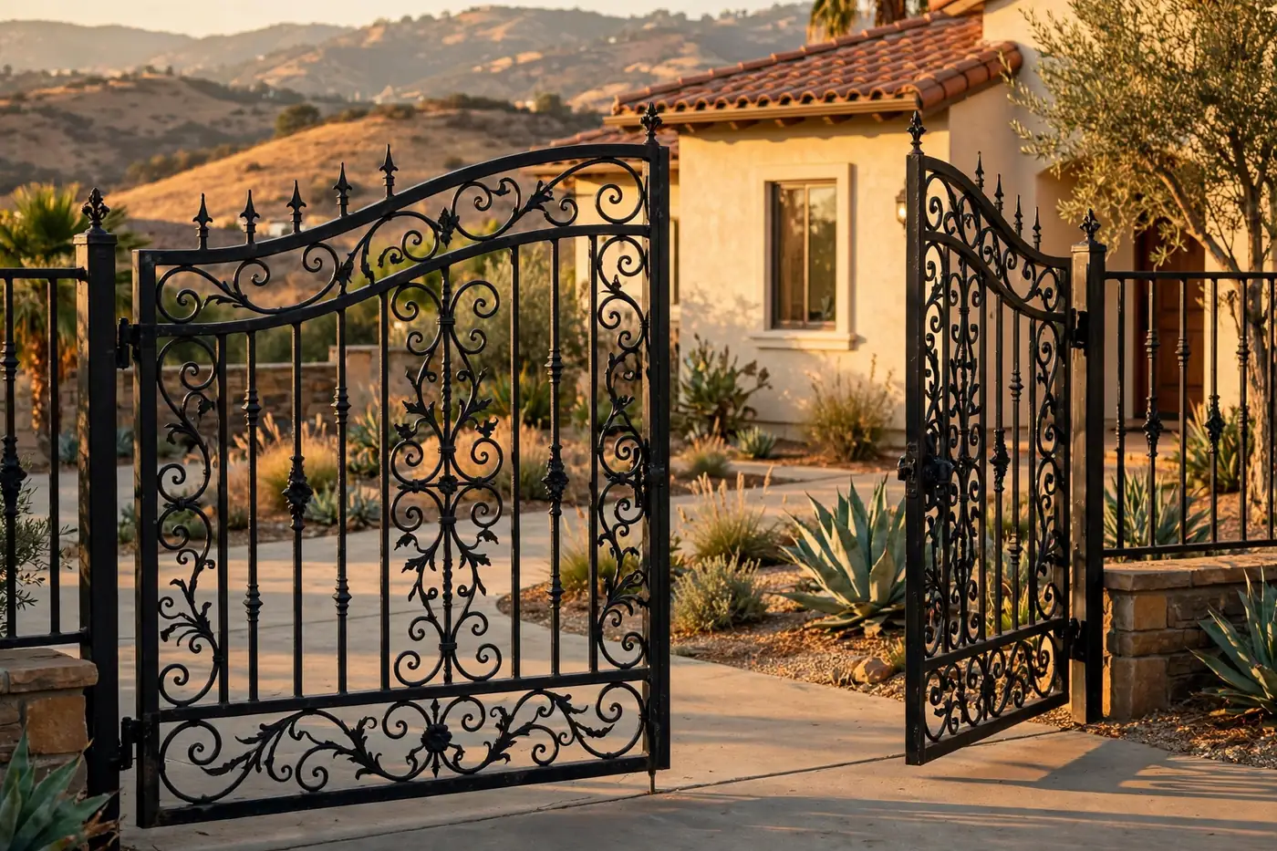 Ornamental iron gate in a Santa Clarita neighborhood at golden hour